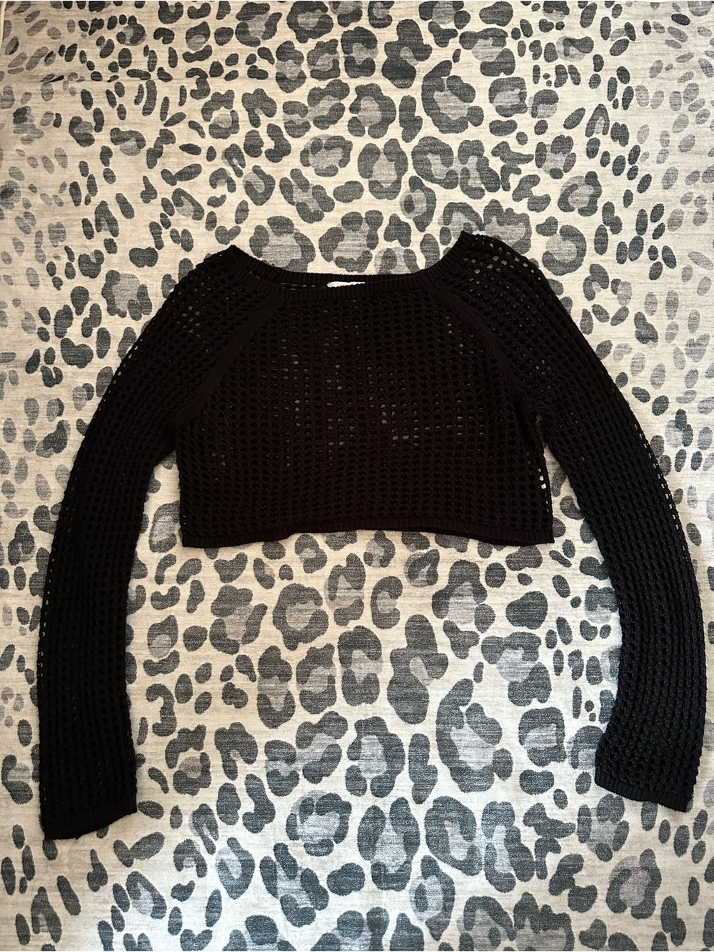 Black Cropped Open-Knit Crewneck Sweater